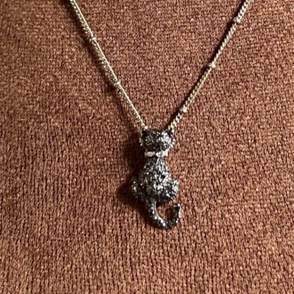 925 Sterling Silver Black Pave Cat Pendant Necklace 20" Whimsigoth